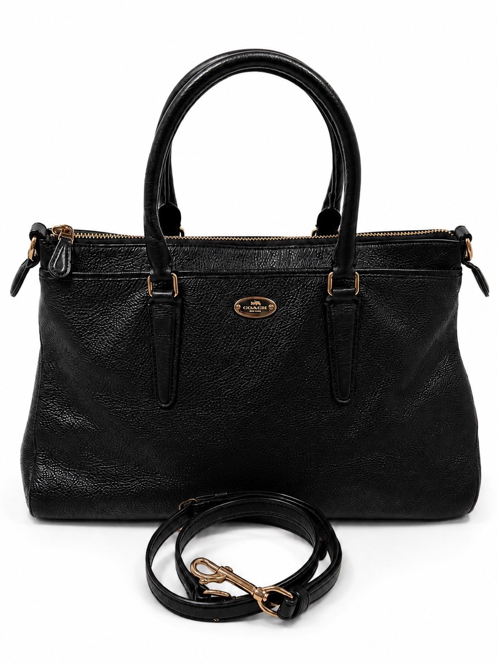 Coach F35185 Black Pebbled Leather Satchel Top Handle with strap Crossbody Bag